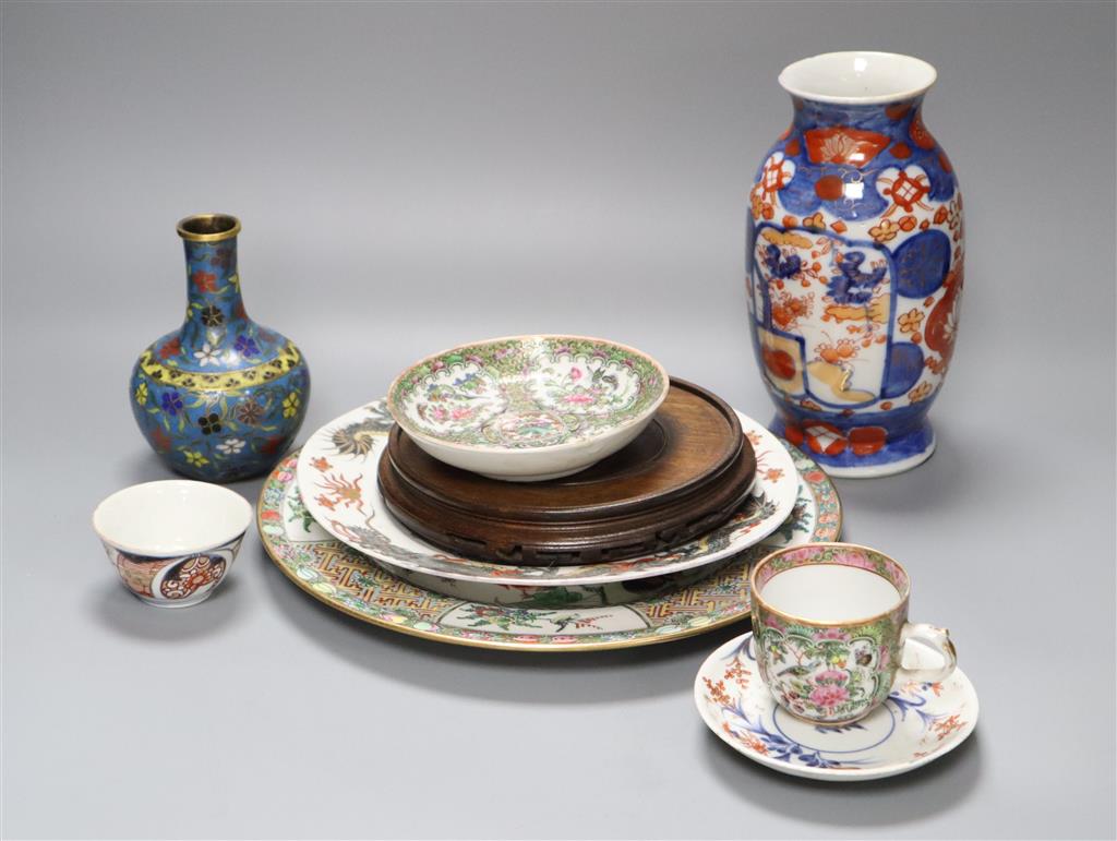 A 19th century Chinese cloisonne enamel vase, an 18th century Imari tea bowl and other Asian ceramics